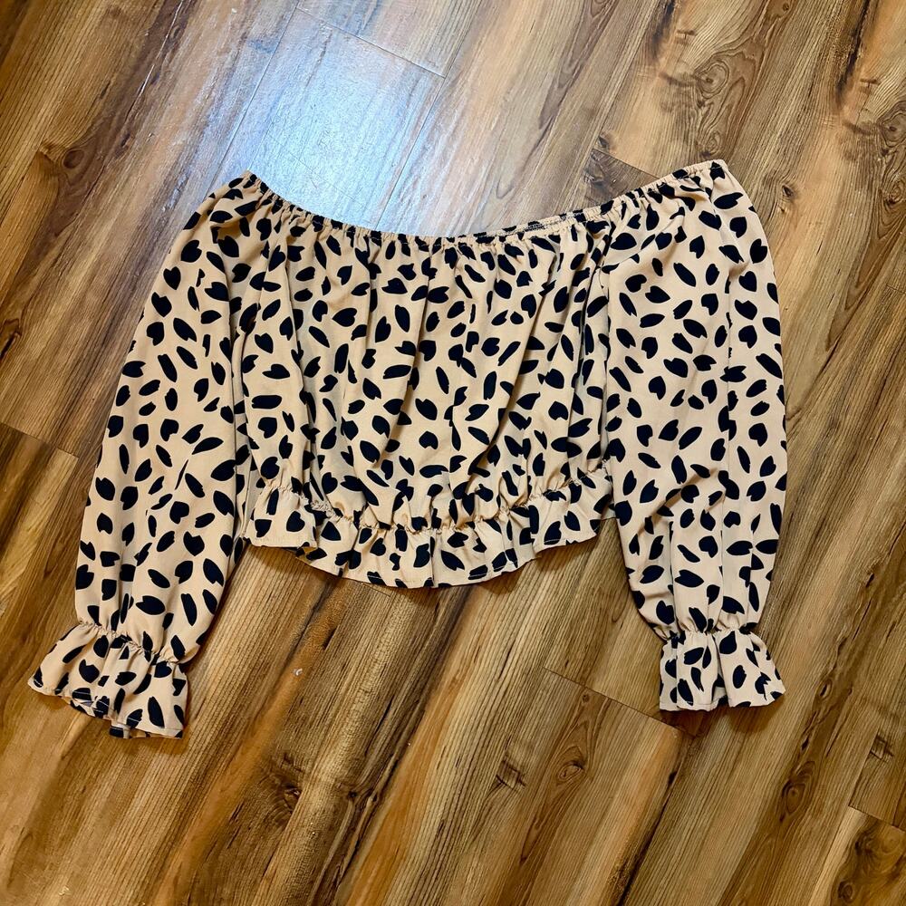 Coffee Brown Leopard Print Off-Shoulder Ruffle Blouse Size 1xl